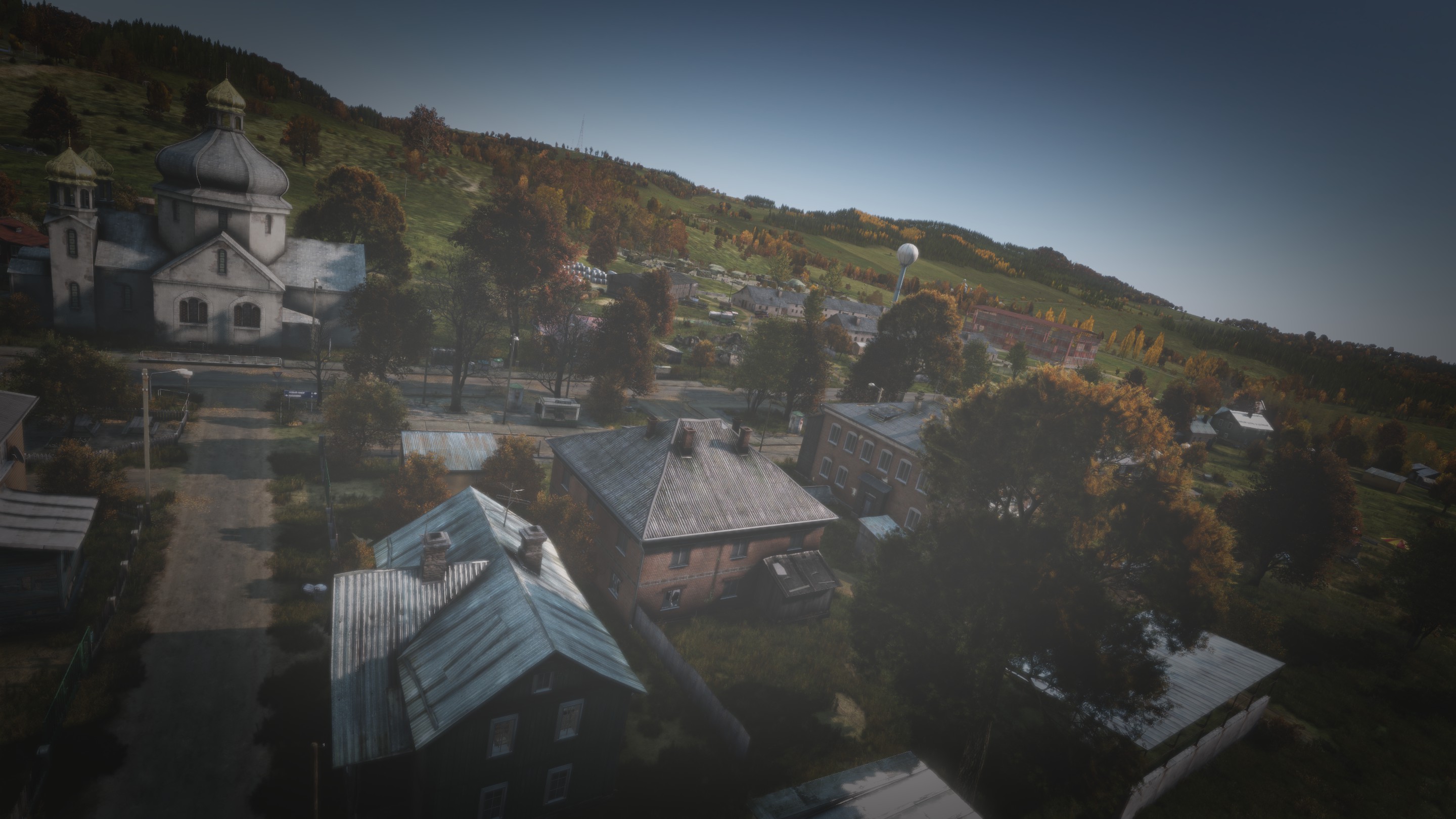 Aerial view of a hillside village